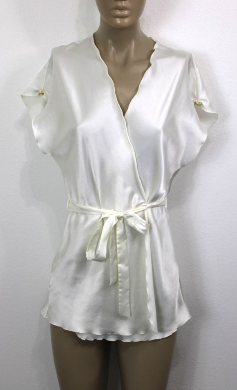 Vintage Sasson 70s Silky Satin Robe Dress Ivory Tie Waist Disco Glam Boudoir S